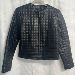 Sienastudio Womens Black Quilted Leather Jacket Collarless Moto Zip Front Size M